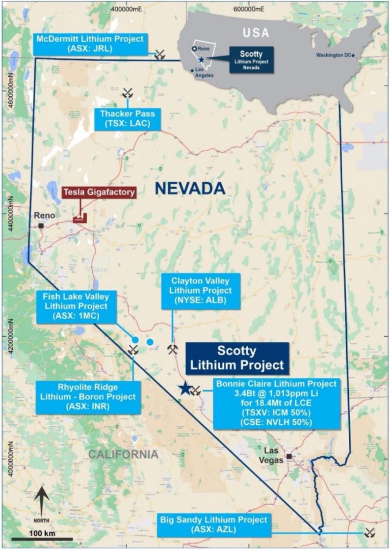 Location of the Scotty Lithium Project, with surrounding major projects
