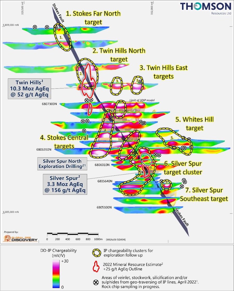 Map displaying DDIP geophysical survey data with chargeability anomaly clusters