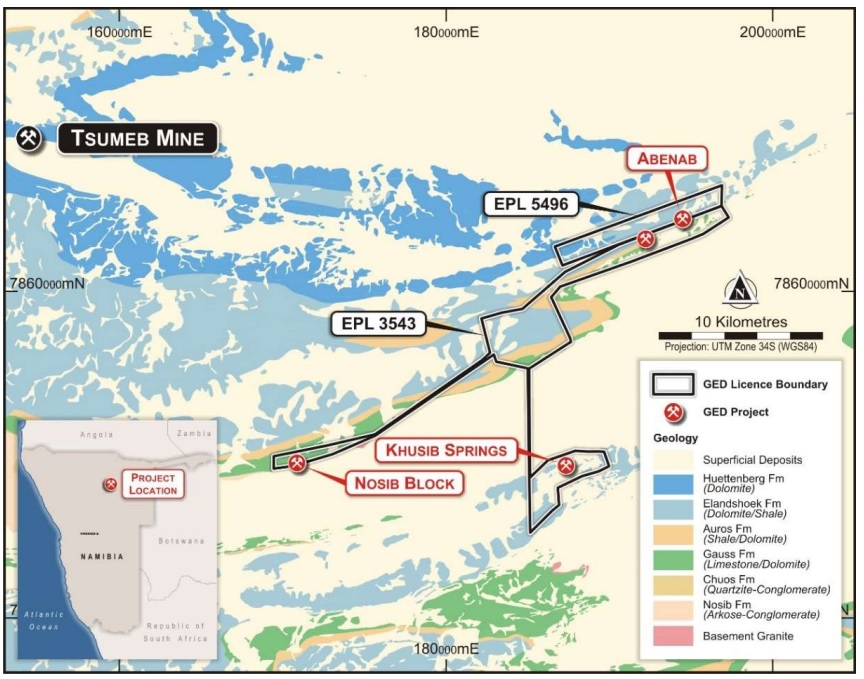 Map of Golden Deeps' Otavi Mountain Land tenements with key prospects