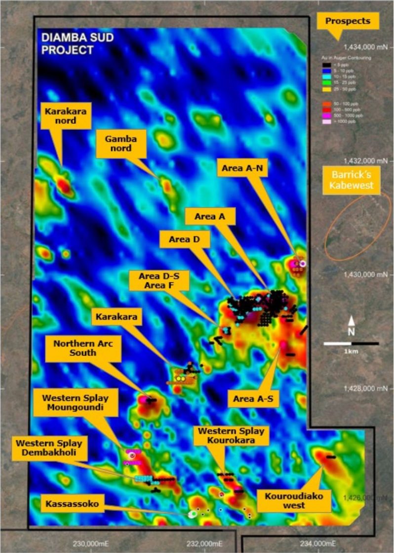 Prospect locations at the Diamba Sud Gold Project