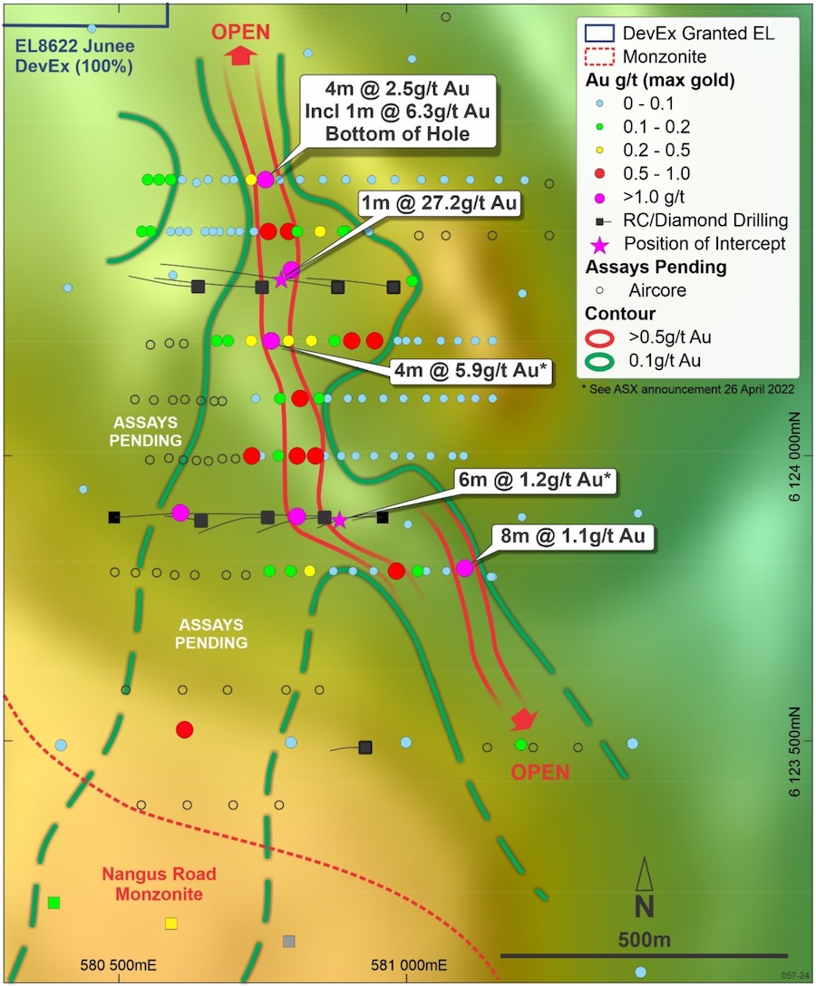 Map of the Nangus Road prospect displaying recent drill results