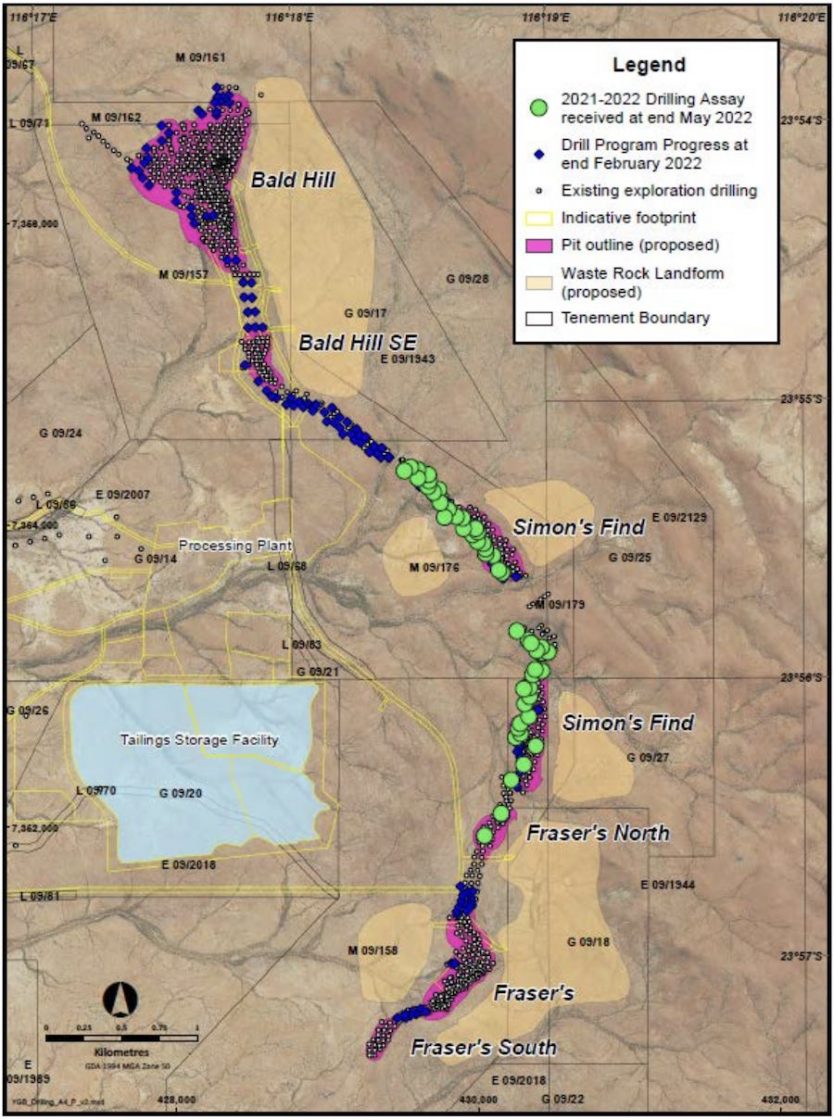 Map displaying 2021 and 2022 drilling at Yangibana