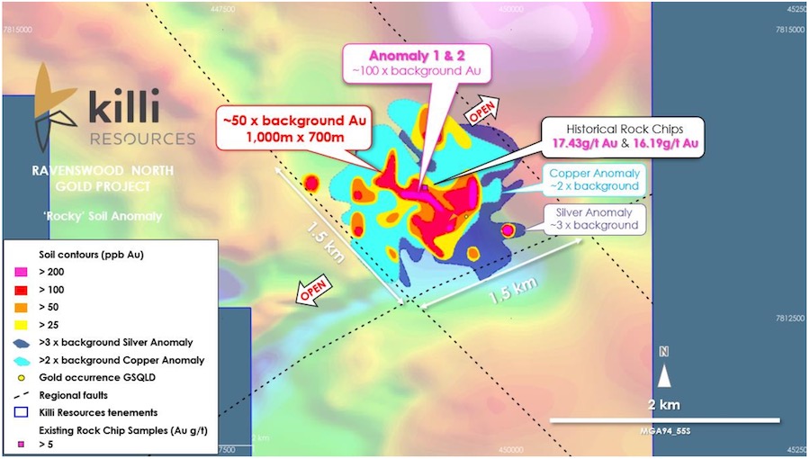 Soil anomaly map from the Rocky prospect