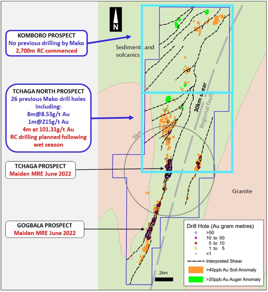 Map of the Napié Project displaying the key Tchaga North and Komboro prospects