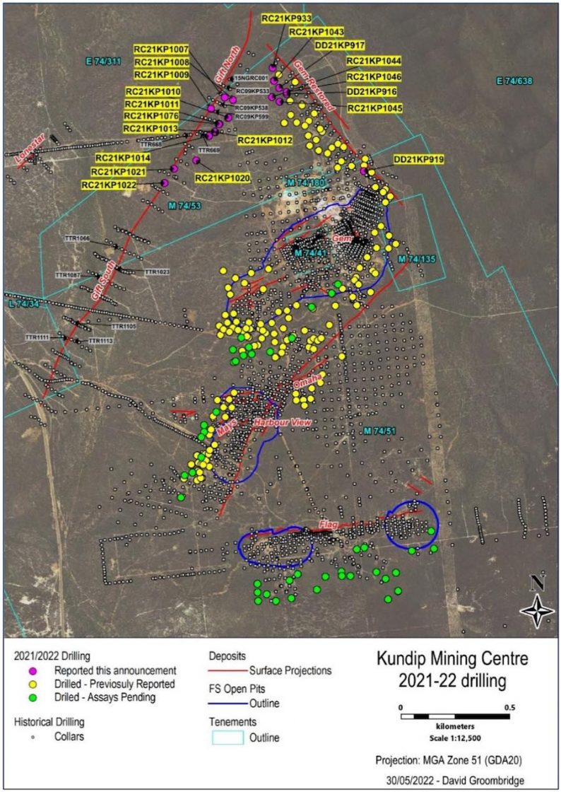 Map of the KMC displaying drill hole collar positions at the Gift North and Gem Restored prospects