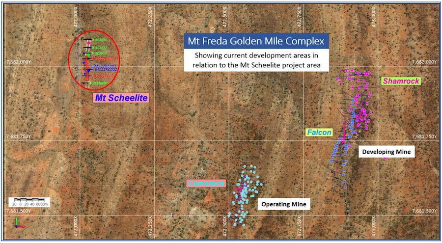 Map displaying current drilling at the Mt Freda Golden Mile Complex, with the Mt Scheelite target at top left