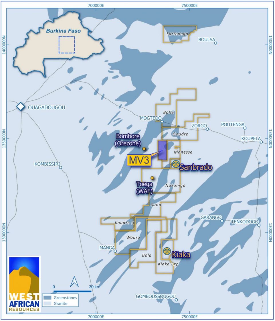 Location of the MV3 prospect in relation to the Sanbrado Gold Operations