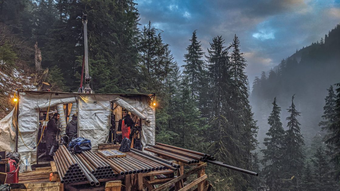 Image of an exploration team set up in the mountains