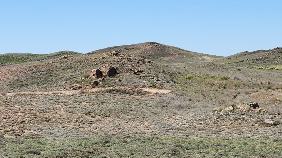 An example of silicified outcrop near old Soviet trenching, with the silicified peak at Karakul Project in the background