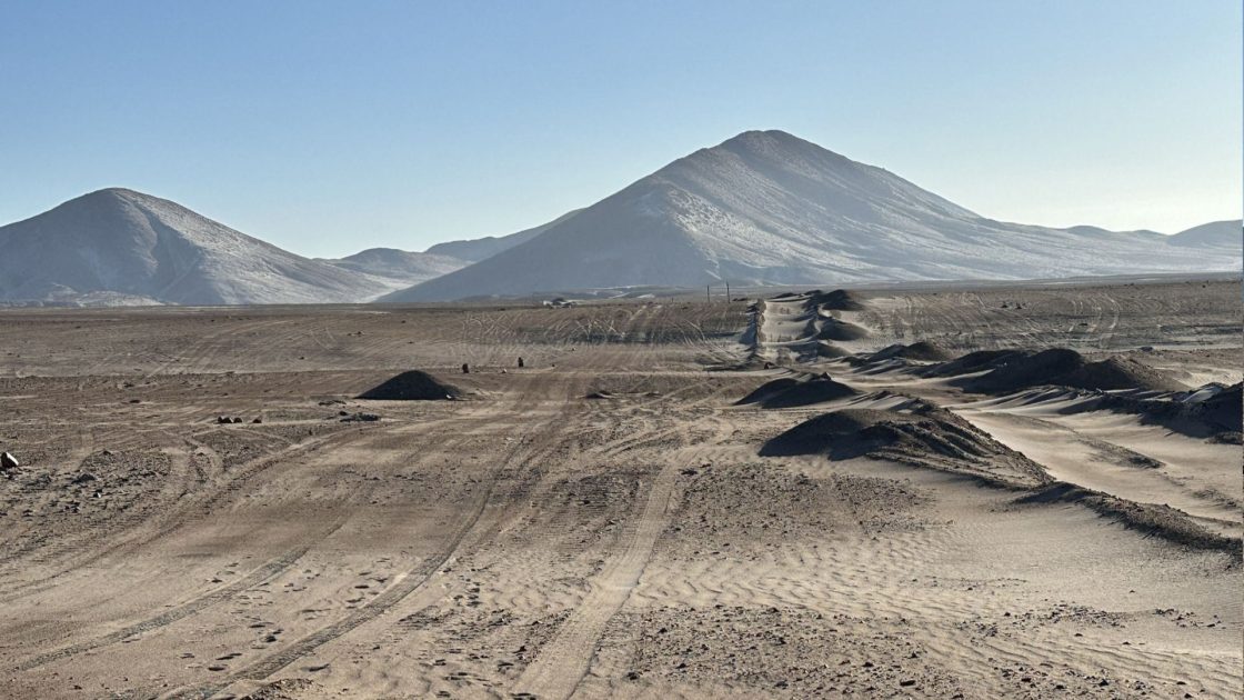 Wide shot of a desert with arid mountains