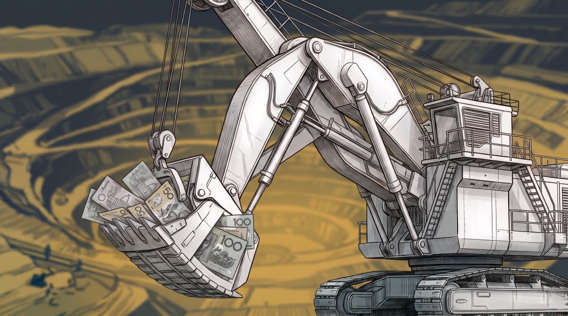 Image of a mining excavator with its bucket filled with Australian banknotes
