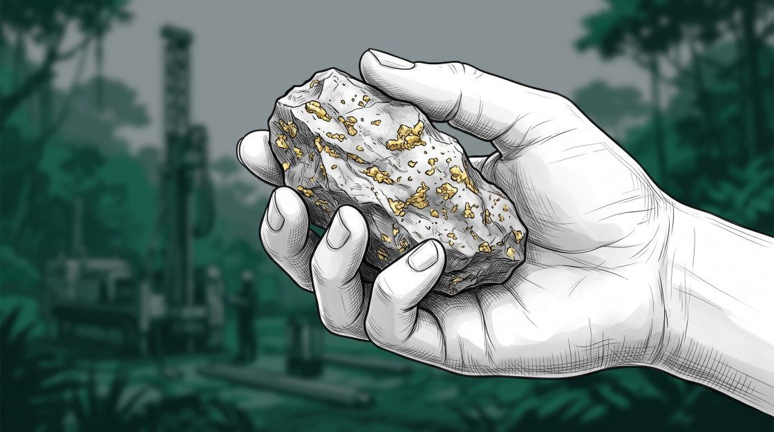 Illustration of a hand holding a rock with gold deposits