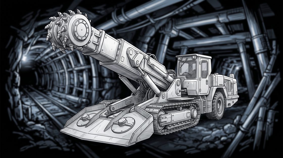 Illustration of a heavy continuous miner in an underground tunnel