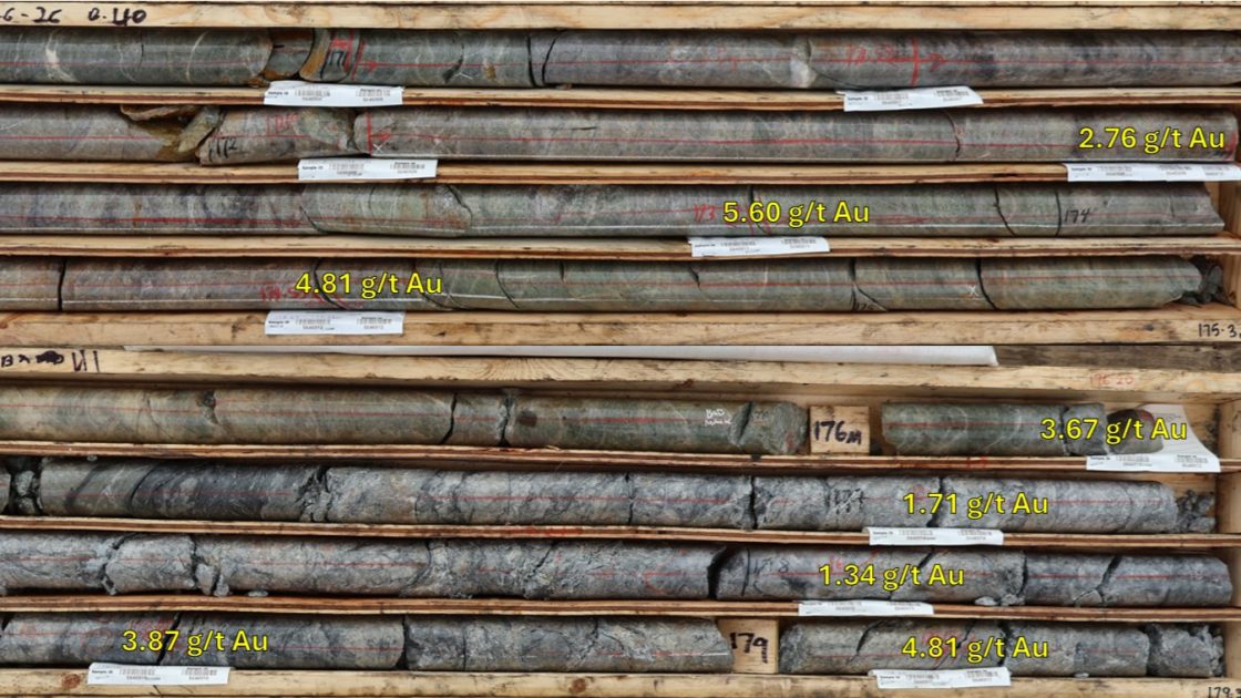 White Gold's Core photos hole QV26-026 with assays marked